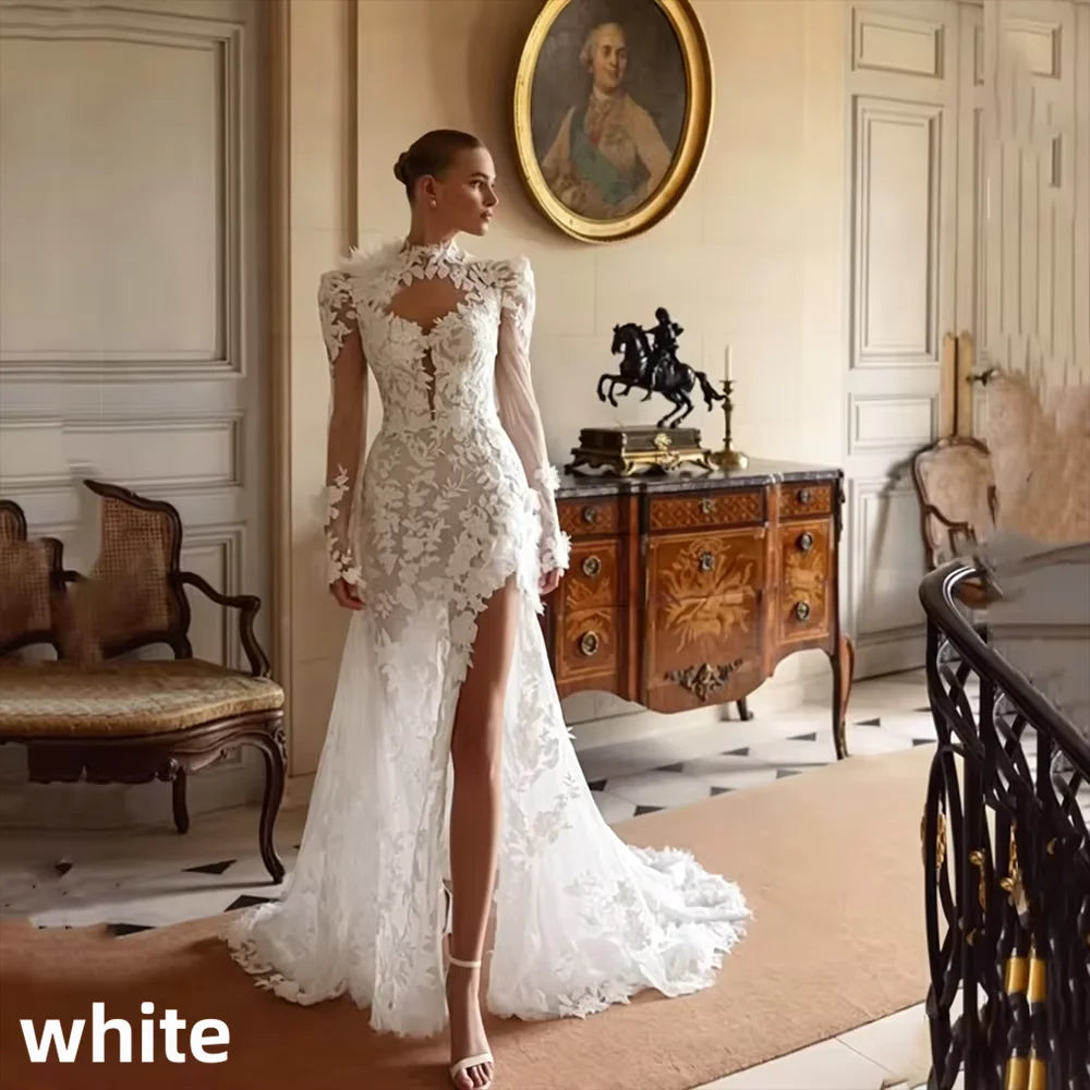 Ivory mermaid wedding dress with long sleeves, lace appliques, high neck, pleats, side slit and sweep train