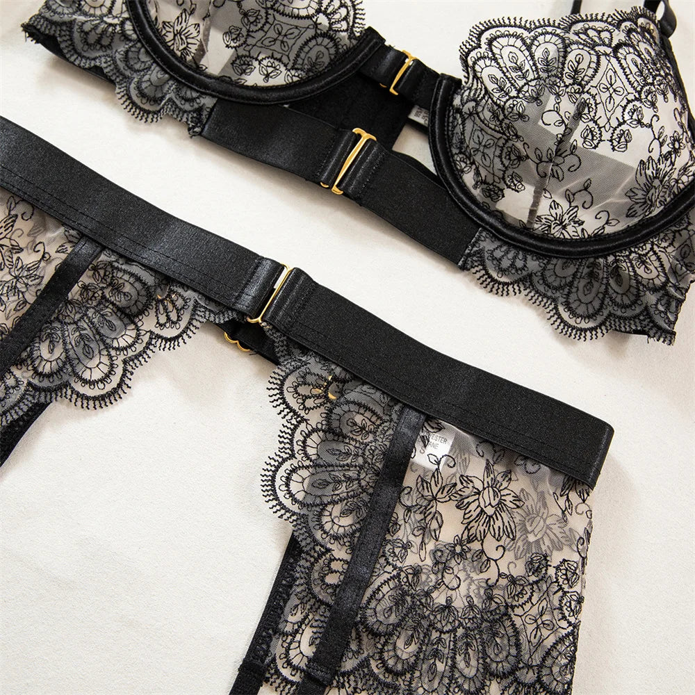 Luxury Black Flower Embroidery Lingerie 4 Piece Mesh Transparent Metal Buckle Bra And Thong Garter Set The Clothing Company Sydney