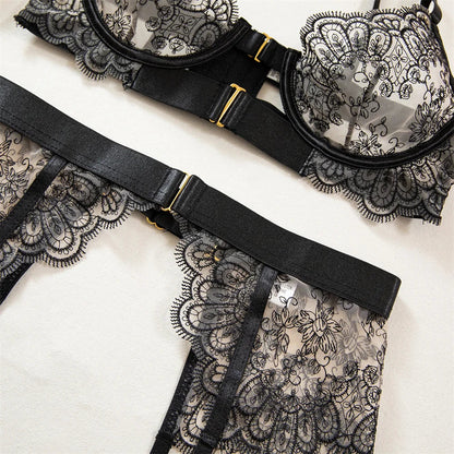 Luxury Black Flower Embroidery Lingerie 4 Piece Mesh Transparent Metal Buckle Bra And Thong Garter Set The Clothing Company Sydney