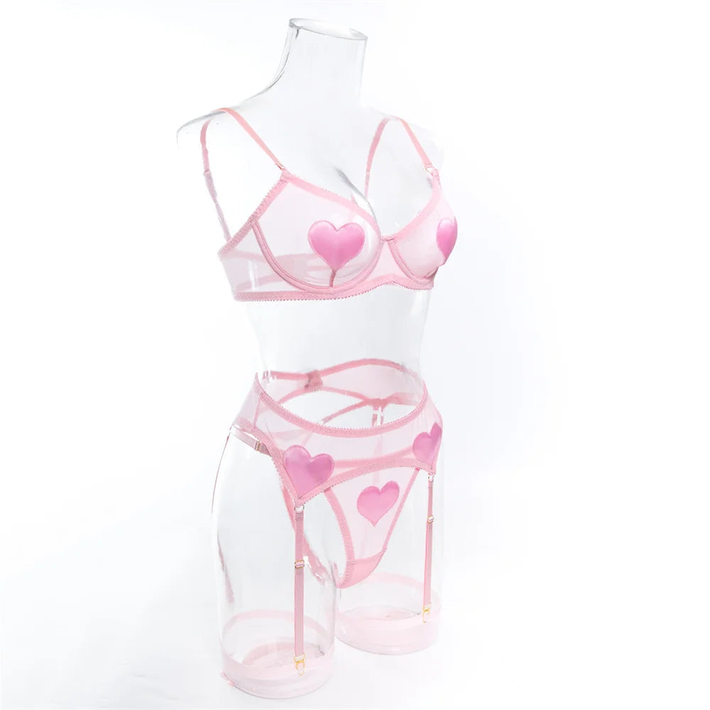 Pink Heart Patchwork Lingerie 4 Piece Mesh See-through Bras And Panties Suits With Stocking Fancy Set The Clothing Company Sydney