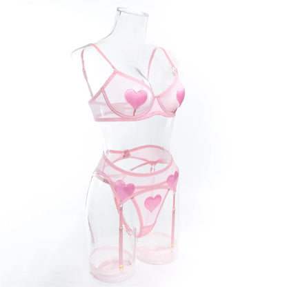 Pink Heart Patchwork Lingerie 4 Piece Mesh See-through Bras And Panties Suits With Stocking Fancy Set The Clothing Company Sydney