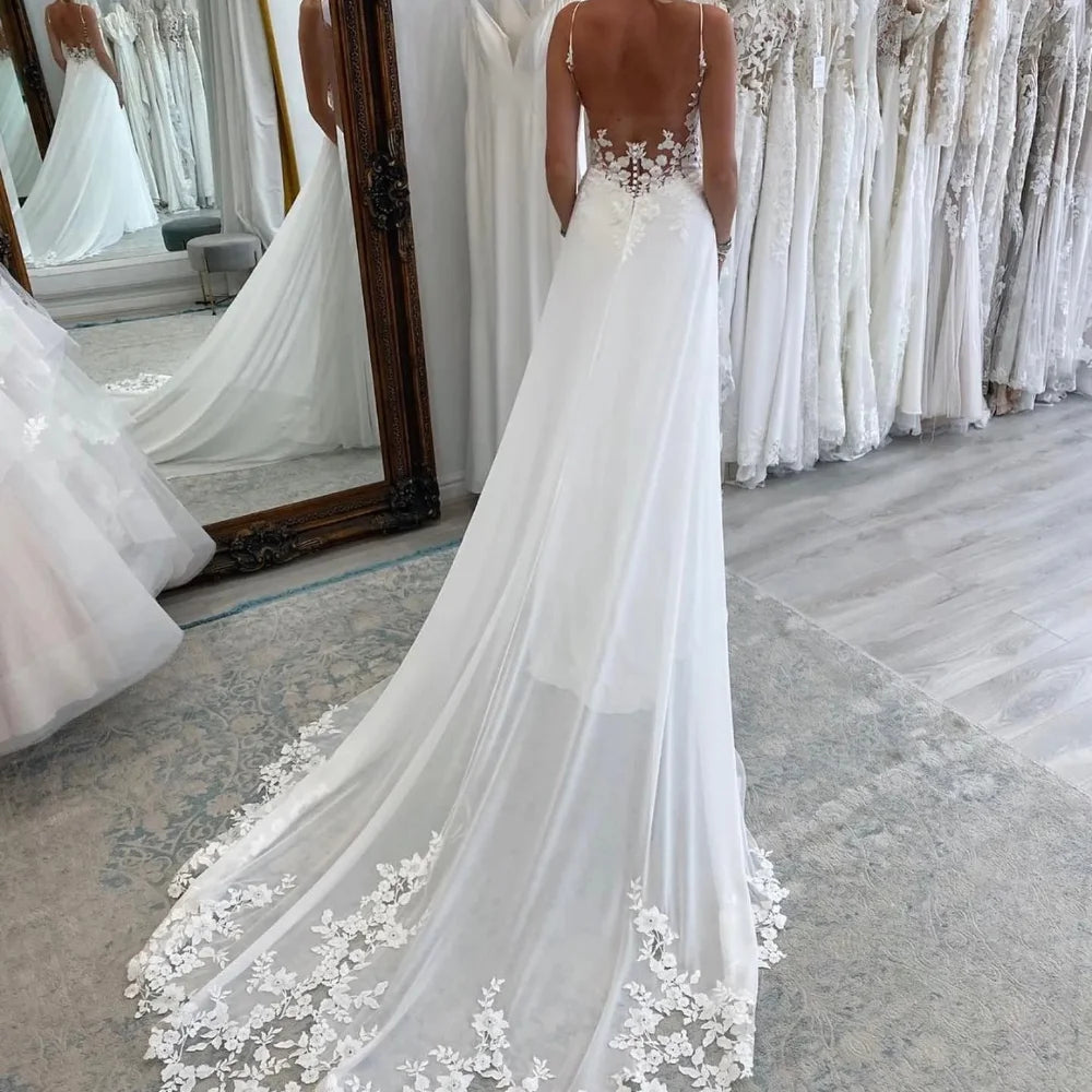 Beach A Line Chiffion Wedding Dresses V-neck Spaghetti Straps Backless Button Boho Bridal Gowns