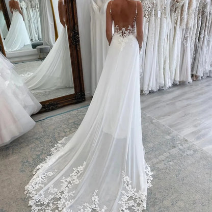 Beach A Line Chiffion Wedding Dresses V-neck Spaghetti Straps Backless Button Boho Bridal Gowns