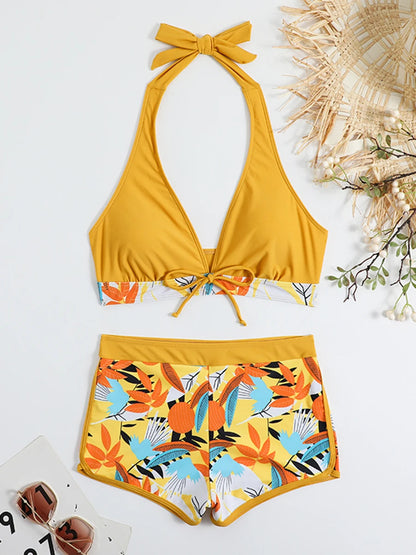 2 Piece Halter Bikini Set Shorts Swimsuit High Waist Swimwear Female Printed Bathers Swimming Bathing Swim Suit Beachwear