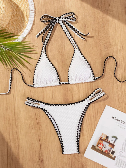 2 Piece Knitted Bikini Women White Patchwork Push Up Micro Swimwear Brazilian Summer Beach Bathing Suit Thong Swimsuit The Clothing Company Sydney