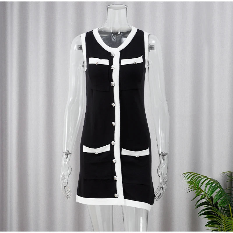 Women's Knitted O-neck Mini Dress Elegant Sleeveless High Waist Pleated Dresses