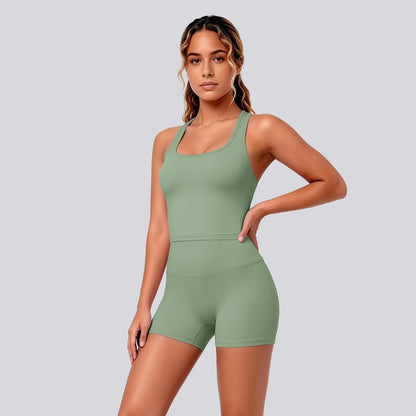 2 Piece Women's Breathable Workout Top I-shaped Vest  Push Up Quick-Dry Summer Yoga Shorts Matching Set