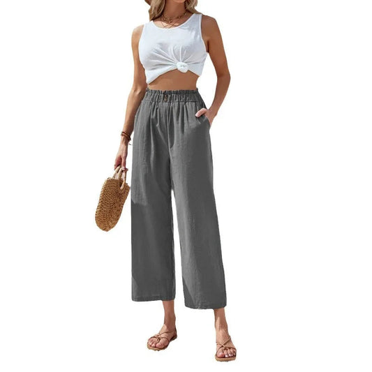 Women's Cotton Linen Loose Wide Leg Pants Summer Female High Elastic Waist Button Casual Streetwear Trousers The Clothing Company Sydney