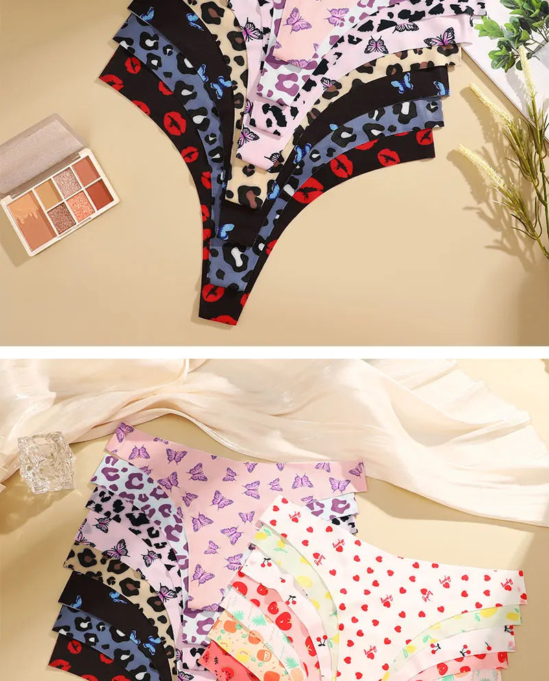 7 Pack Ice Silk G-String Thong Women One Piece Seamless Panties Low Waist Print Underwear Lingerie