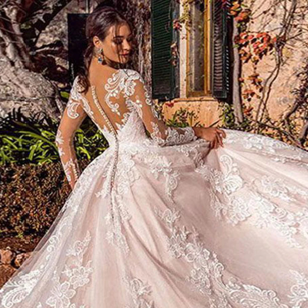 Lace Long Sleeves Bridal Gown Illusion Back Sweetheart Tulle A Line Wedding Dress