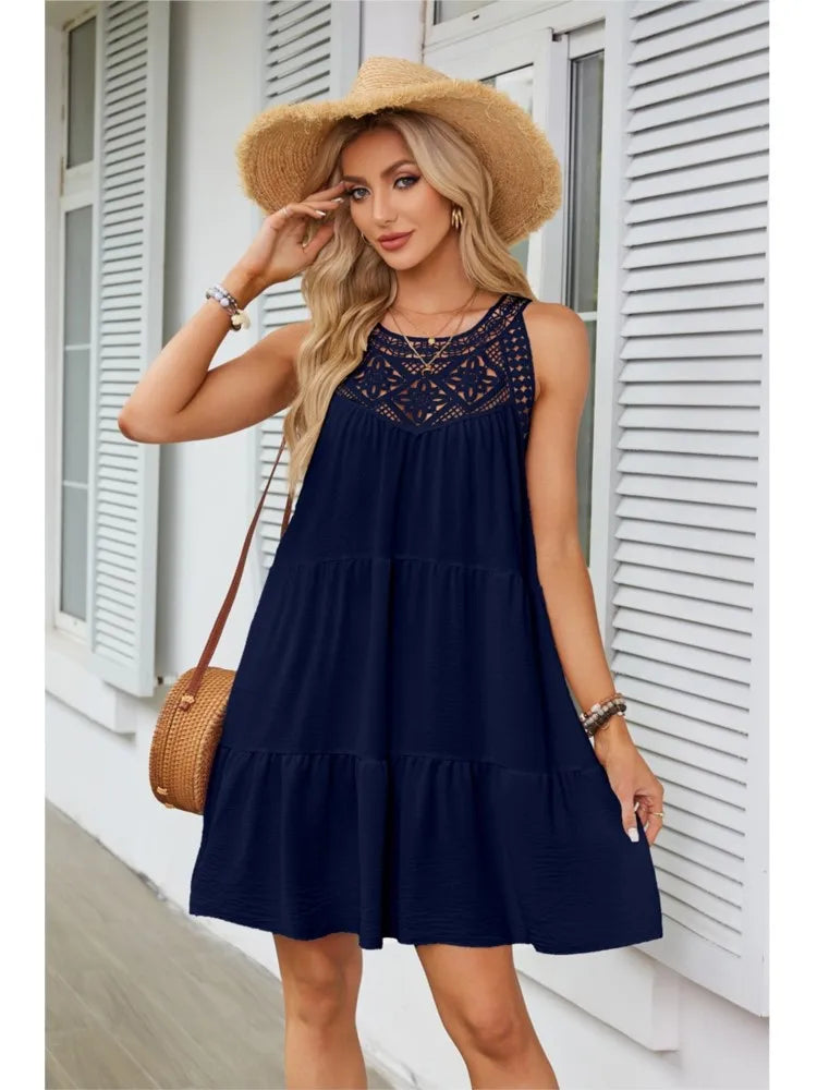 Hollow Lace Patchwork Halter Neck Women A Line Dress Summer Casual Solid Color Loose Beach Holiday Sundress The Clothing Company Sydney