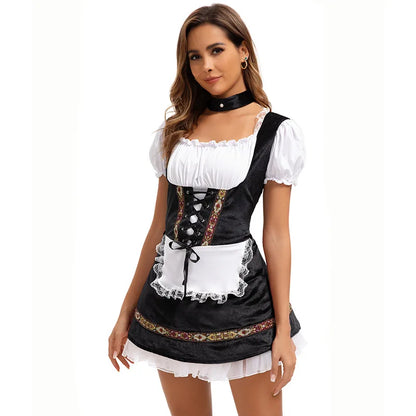 Women's Elegant Ruffled Lace Up Maid Cosplay Costume Oktoberfest Bavarian Dirndl Vintage Festival Dress