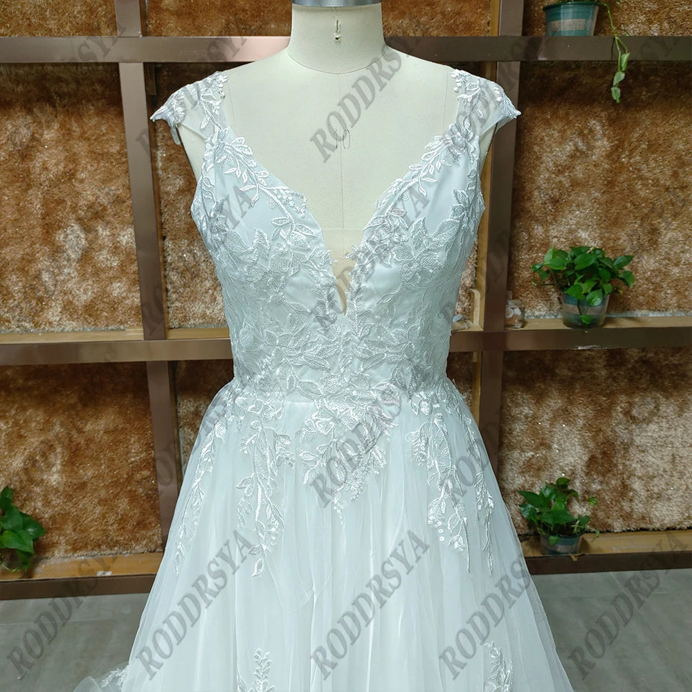 Elegant Wedding Dress For Women V-Neck Cap Sleeve Lace Appliques With Button Sweep Train Custom Made Wedding Dress The Clothing Company Sydney