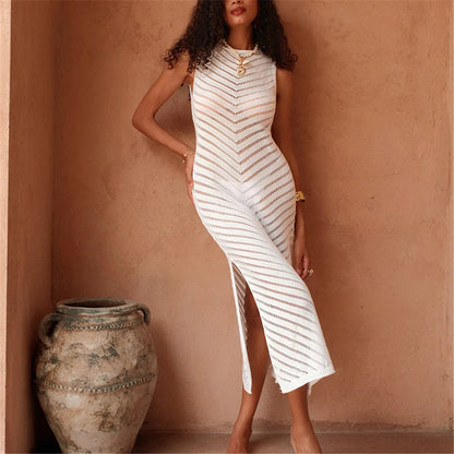 Hollow Out Sleeveless Crochet Knitted Tunic Beach Cover Up Cover-ups Mini Beach Dress Beach Wear Beachwear Female Women V6745 The Clothing Company Sydney