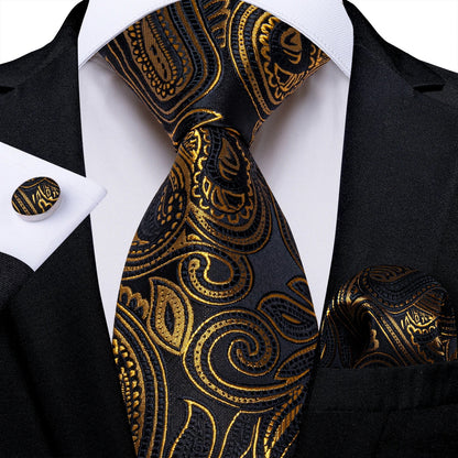 Luxury Black & Gold Paisley Silk Tie Set – Men's Necktie, Pocket Square & Cufflinks Gift The Clothing Company Sydney