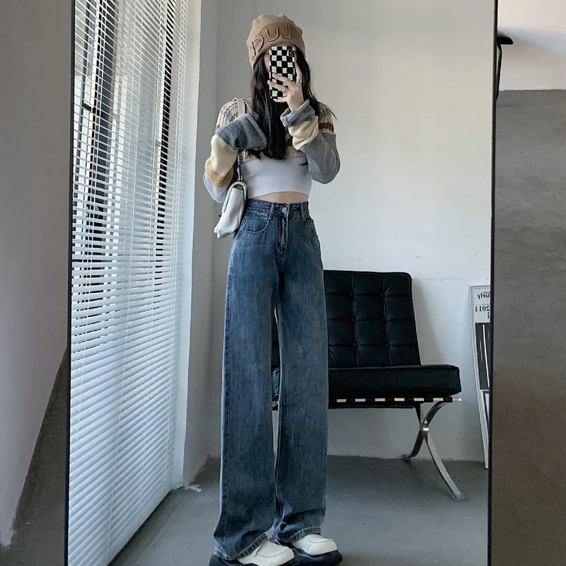 High Waisted Jeans Y2K Fashion Women Clothing Blue Black Straight Leg Denim Pants Trousers Mom Jean Baggy Trousers