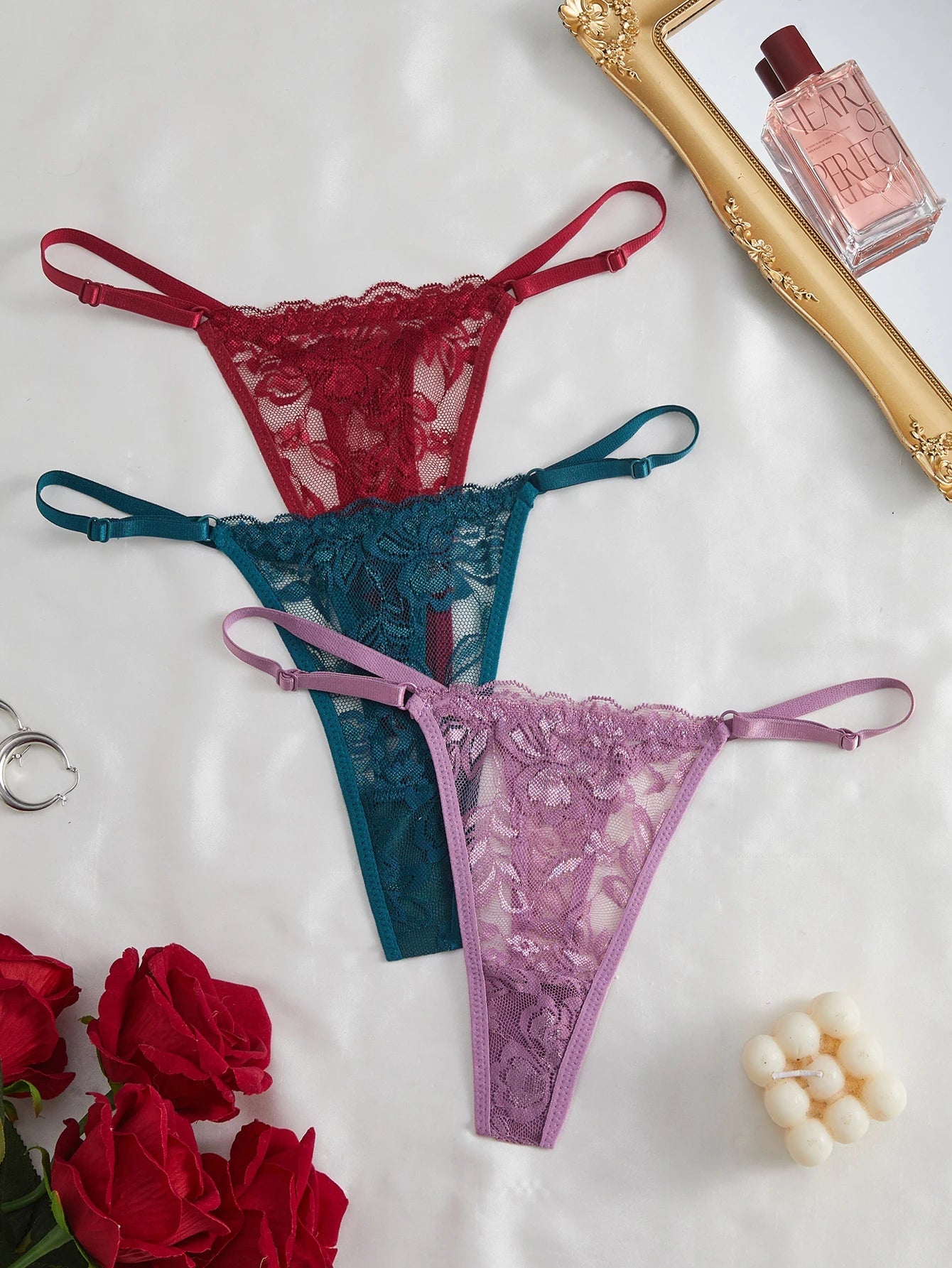 3 Pack Women's Lace Panties Underwear Adjustable Strap Floral Lace Sheer Mesh Thong G String The Clothing Company Sydney