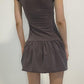 Brown Vintage Y2K Folds Slim Summer Mini Dress for Women Round Neck Dress The Clothing Company Sydney