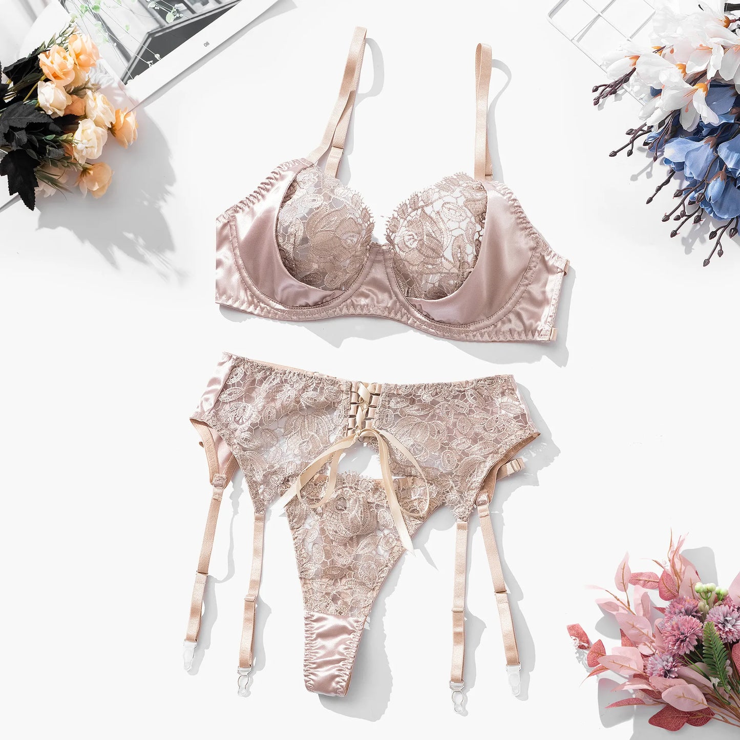 3 Piece Bra Briefs Fancy Lingerie Floral Embroidery Satin Underwear  Intimate See Through Outfit Set