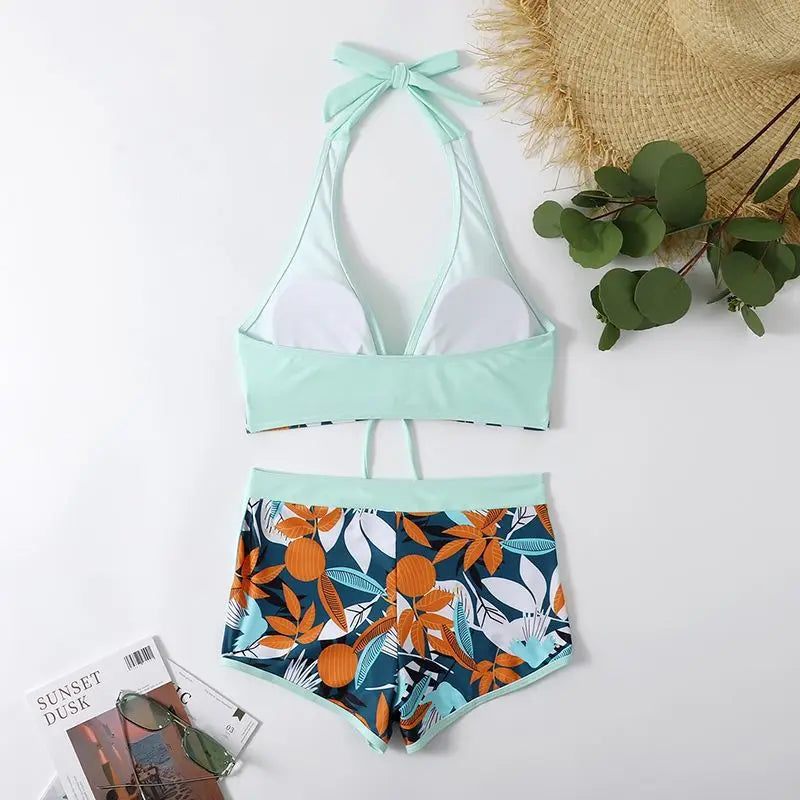 2 Piece Halter Bikini Set Shorts Swimsuit High Waist Swimwear Female Printed Bathers Swimming Bathing Swim Suit Beachwear