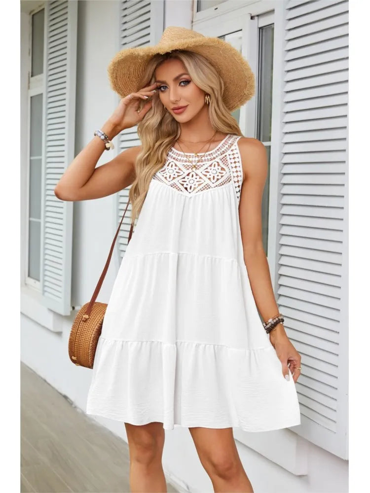 Hollow Lace Patchwork Halter Neck Women A Line Dress Summer Casual Solid Color Loose Beach Holiday Sundress The Clothing Company Sydney