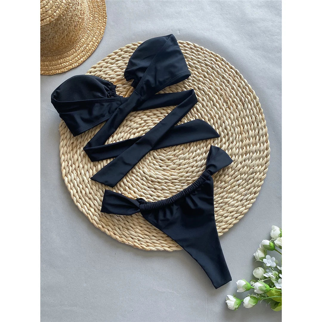 Bandeau High Leg Cut Metal Rings Bikini Swimsuit Swimwear Two-pieces Bikini set Bather Bathing Suit