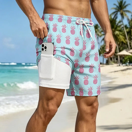 Men's quick dry double layer beach print swim trunks with phone pockets and compression liner shorts