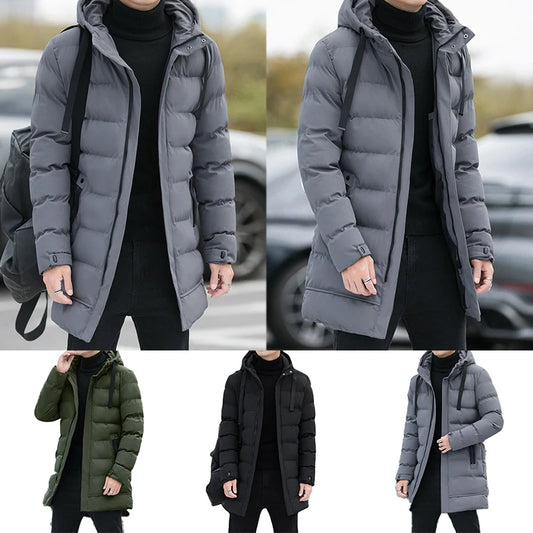 Men's Winter Warm Long Outwear Hooded Thicken Mid-length Hooded Warm Coat Puffer Jacket Fashion Parka Overcoat