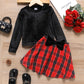 2 Piece Kids Girls' Long-sleeve Black Velvet Tee and 3D Bowknot Design Plaid Skirt Set The Clothing Company Sydney