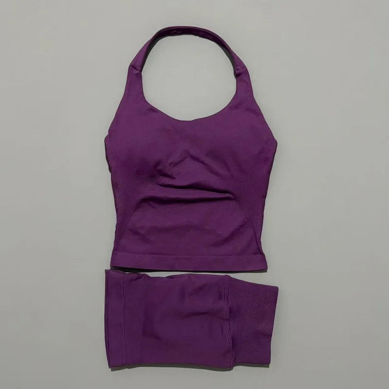 2 Piece Sports Halter Top Strappy Bra Shorts Matching Set Seamless Yoga Gym Running Fitness Shorts Suit