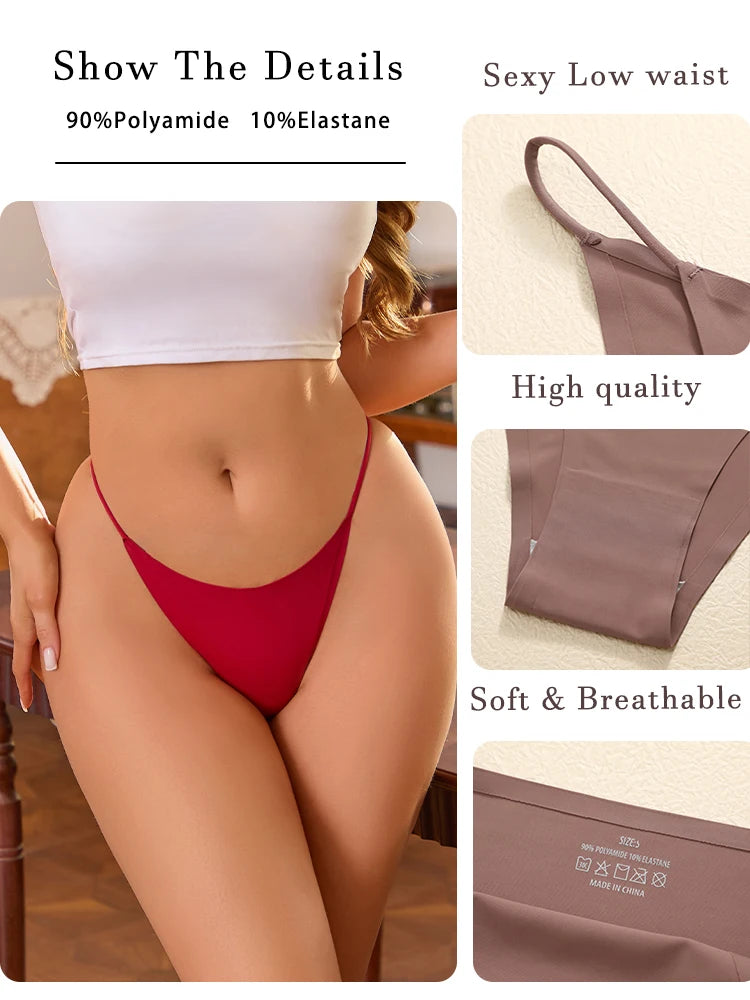 6-pack seamless thong panties with thin straps, low waist and high-stretch T-back design in black and nude shades