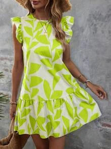 Lotus Leaf Print Ruffle Sleeve Short Dress