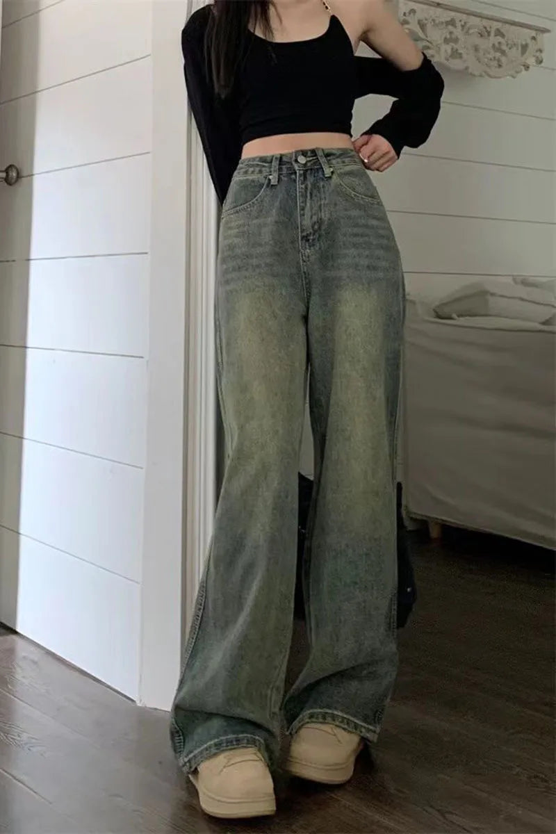 Vintage Baggy Straight Denim Trousers Y2K High Waist Loose Wide Leg Jeans Women Streetwear All-Match Casual Pants