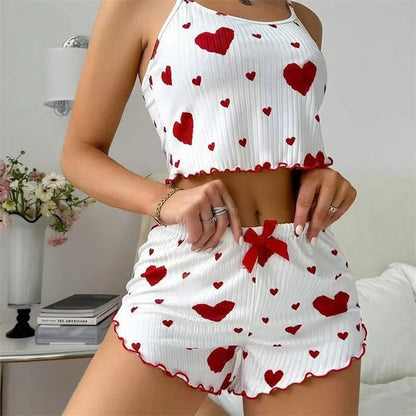 2 Piece Women's Pajamas Set Straps Sleepwear Vest Shorts set Red Heart Print Nightwear Lingerie The Clothing Company Sydney