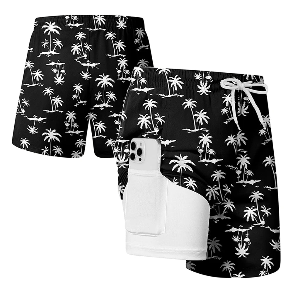 Men's quick dry double layer beach print swim trunks with phone pockets and compression liner shorts