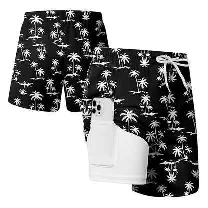 Men's quick dry double layer beach print swim trunks with phone pockets and compression liner shorts