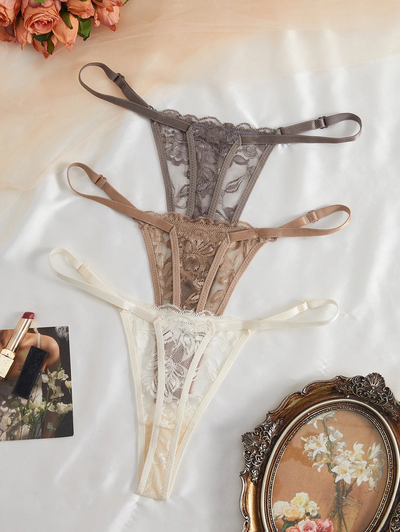 3 Pack Women's Lace Panties Underwear Adjustable Strap Floral Lace Sheer Mesh Thong G String The Clothing Company Sydney