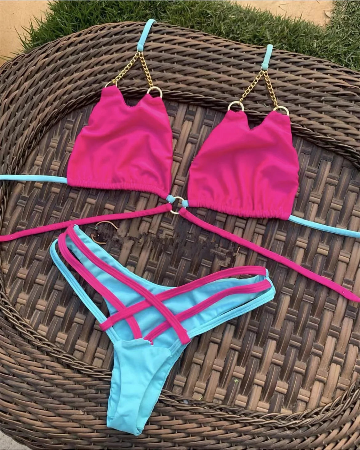 Metal Chain Decoration Swimwear Women Bikini Push Up Swimsuit Two Pieces Bathing Suit