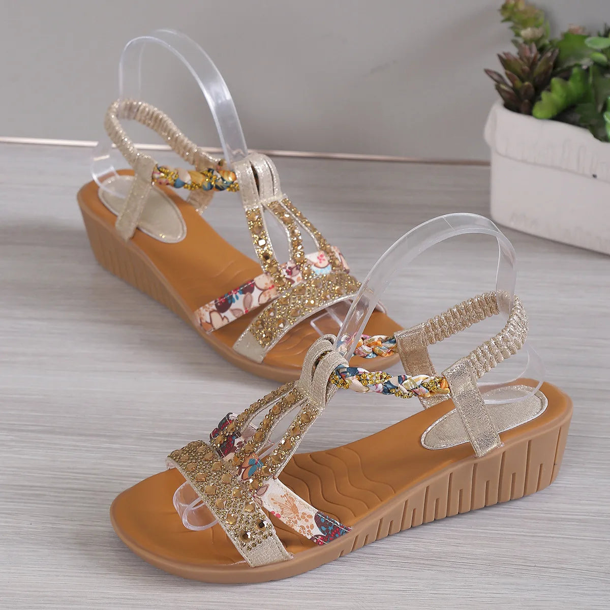 Women's Wedge Sandals Summer Shoes Shiny Rhinestones Elastic Platform Peep Toe Outdoor Sandals