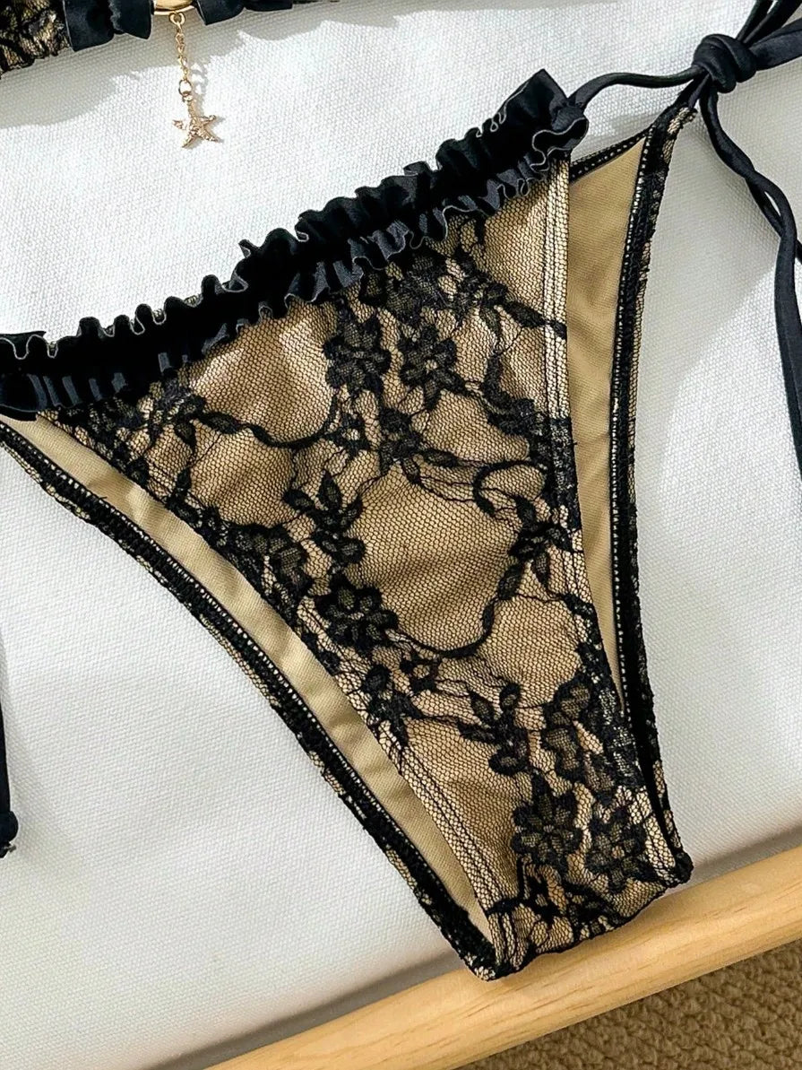 2-piece lace Brazilian bikini swimsuit set by The Clothing Company Sydney, showing detailed beachwear design