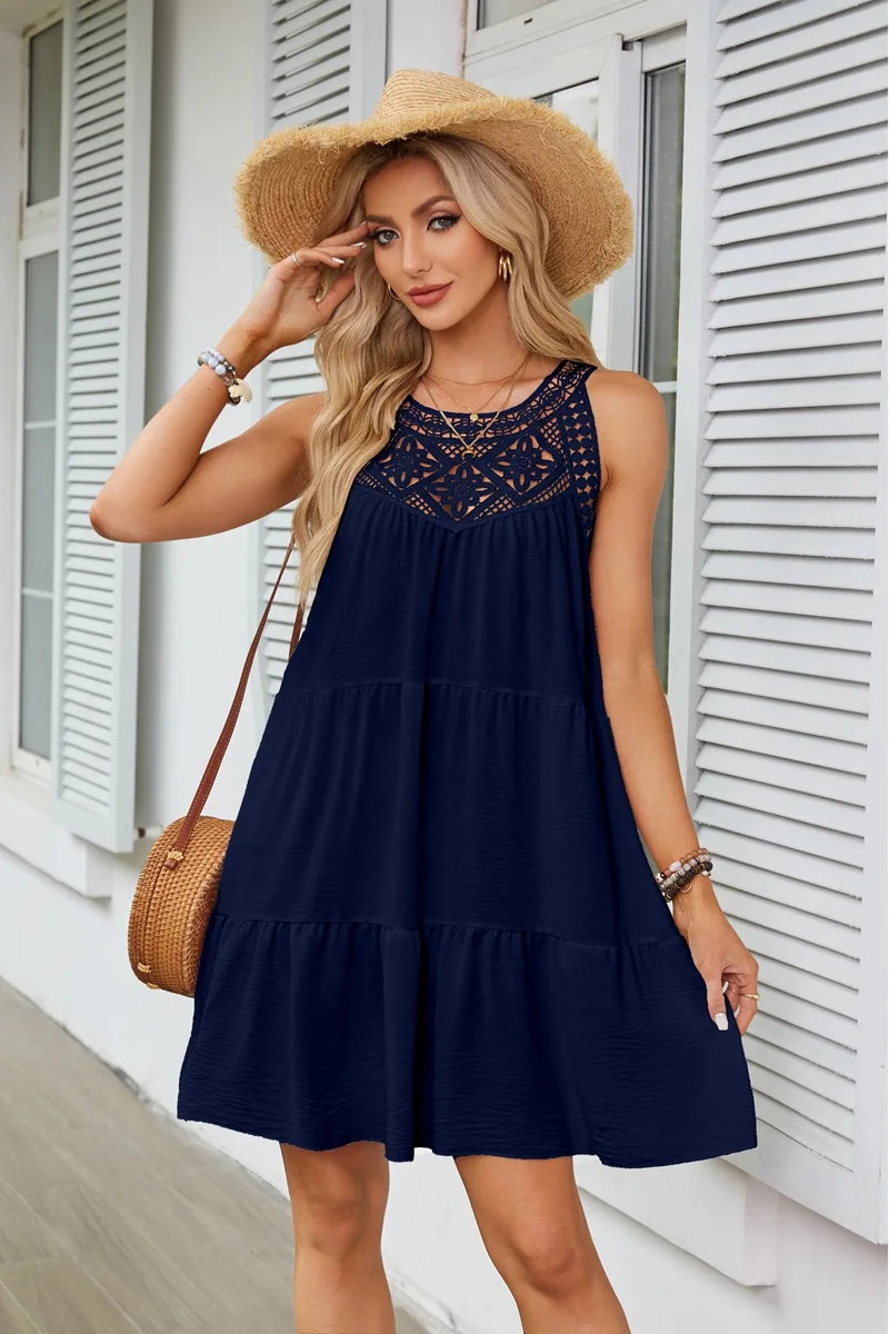 Hollow Lace Patchwork Halter Neck Women A Line Dress Summer Casual Solid Color Loose Beach Holiday Sundress