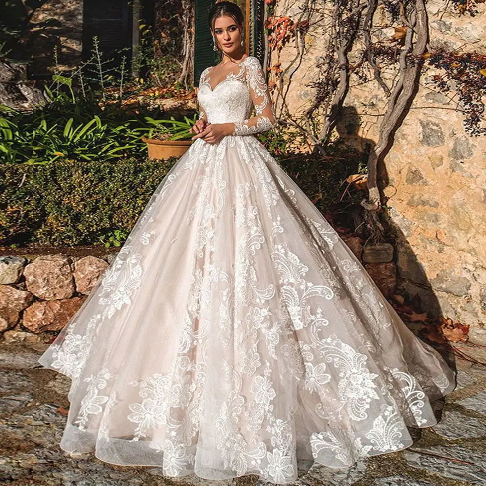 Lace Long Sleeves Bridal Gown Illusion Back Sweetheart Tulle A Line Wedding Dress