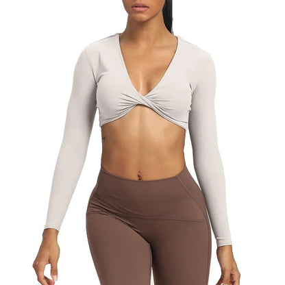 Long Sleeve Gym Crop Tops for Women Twist Deep V Workout Crop T Shirt Top Quick Dry Padded Sports Fitness Yoga Top The Clothing Company Sydney