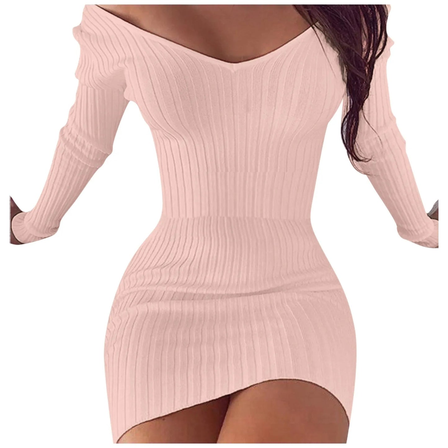 Slim Knitted Solid Color V Neck Long Sleeve Stretchy Short Bodycon Dress Autumn Winter Casual Short Dress The Clothing Company Sydney
