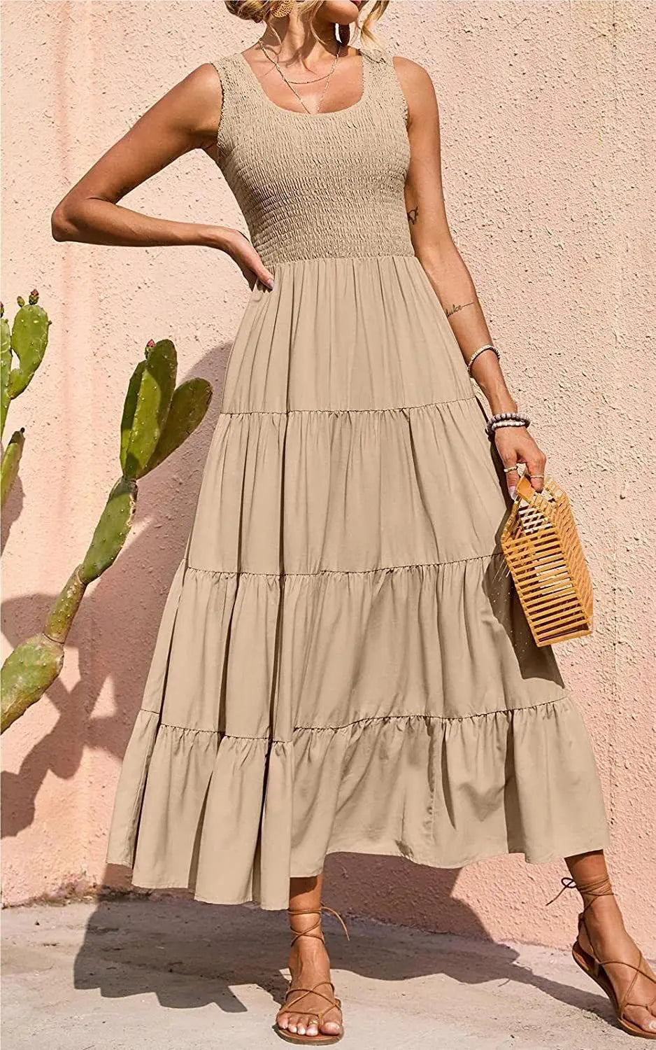 Elegant Sleeveless Floral Solid Color Long Dress Fashion Elastic Waist Beach Party Dress The Clothing Company Sydney