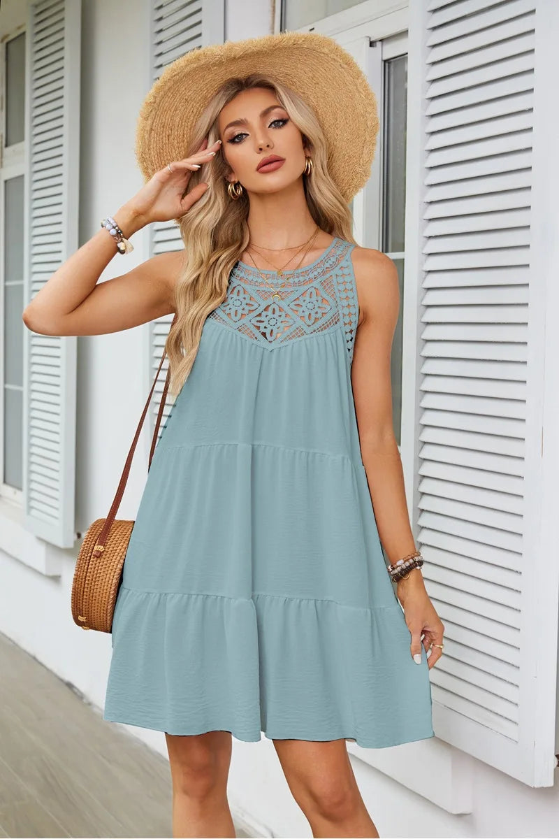 Hollow Lace Patchwork Halter Neck Women A Line Dress Summer Casual Solid Color Loose Beach Holiday Sundress