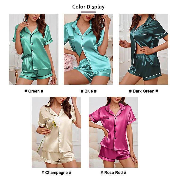 Summer Silk Satin Women Pyjamas Set Button Down Top & Shorts 2 Piece Sleepwear Notched Collar Nightwear Loungewear The Clothing Company Sydney