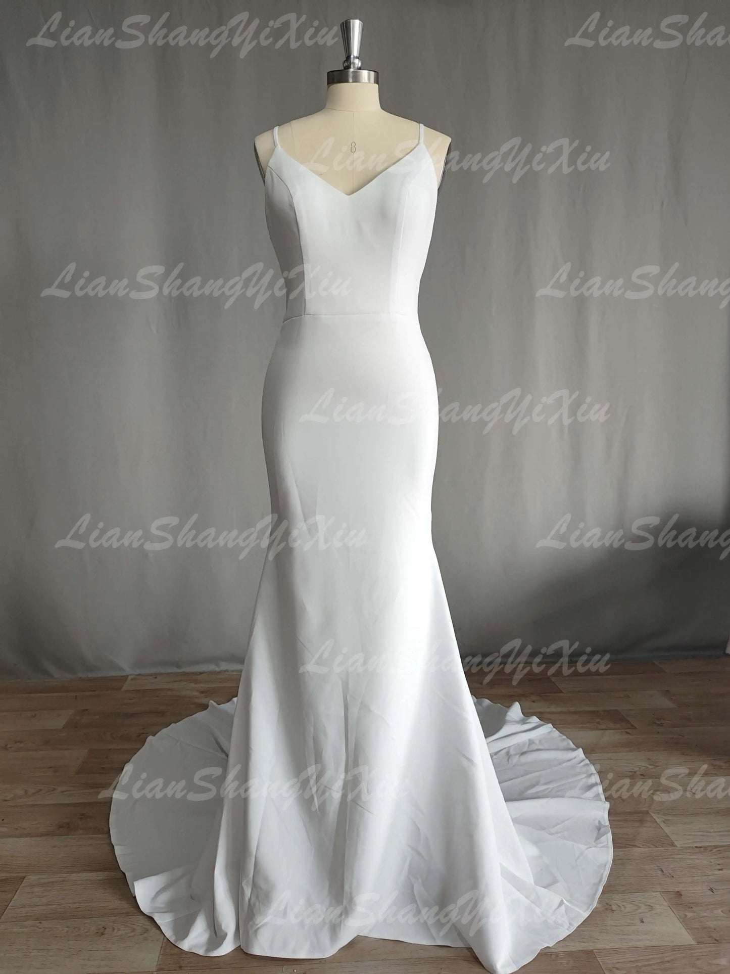 Satin Wedding Dress V-neck Spaghetti Straps Backless Formal Pleat Bridal Grown