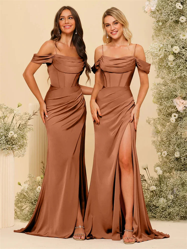 Off-the-Shoulder Spaghetti Straps Silk Satin Sheath Bridesmaid Dress Elegant Zipper Back Gowns For Wedding Guests