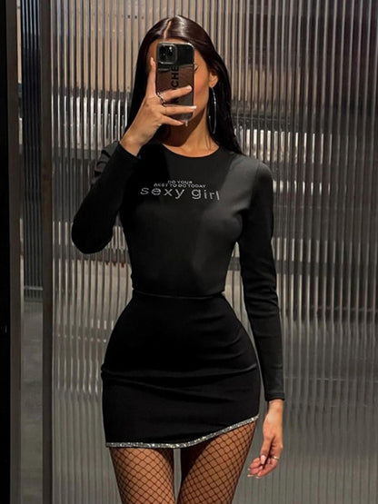 Elegant Letters Rhinestones Casual Fashion Mini Dress Women's Clothes Autumn Long Sleeve Bodycon Day Dresses Slim Dress The Clothing Company Sydney